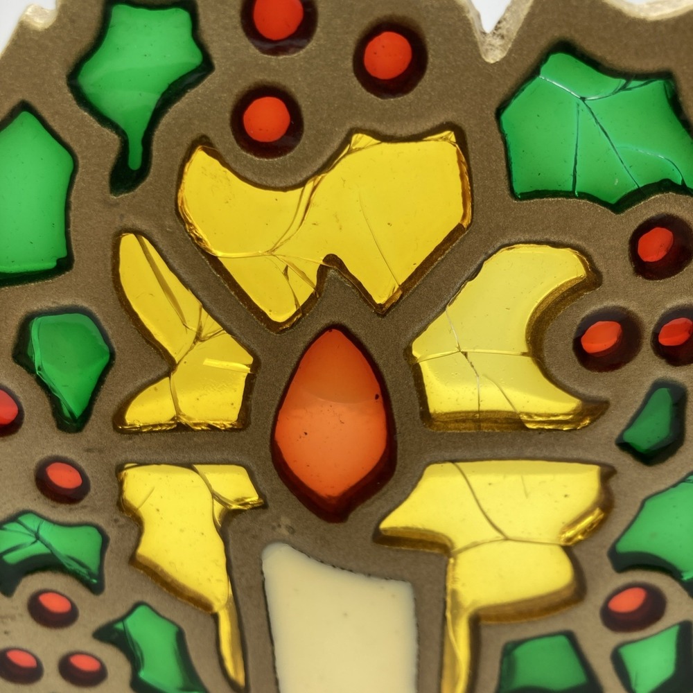 Vintage STAINED GLASS Cast Iron Wreath CANDLE HOLDER MCM 70s Christmas - Picture 6 of 11